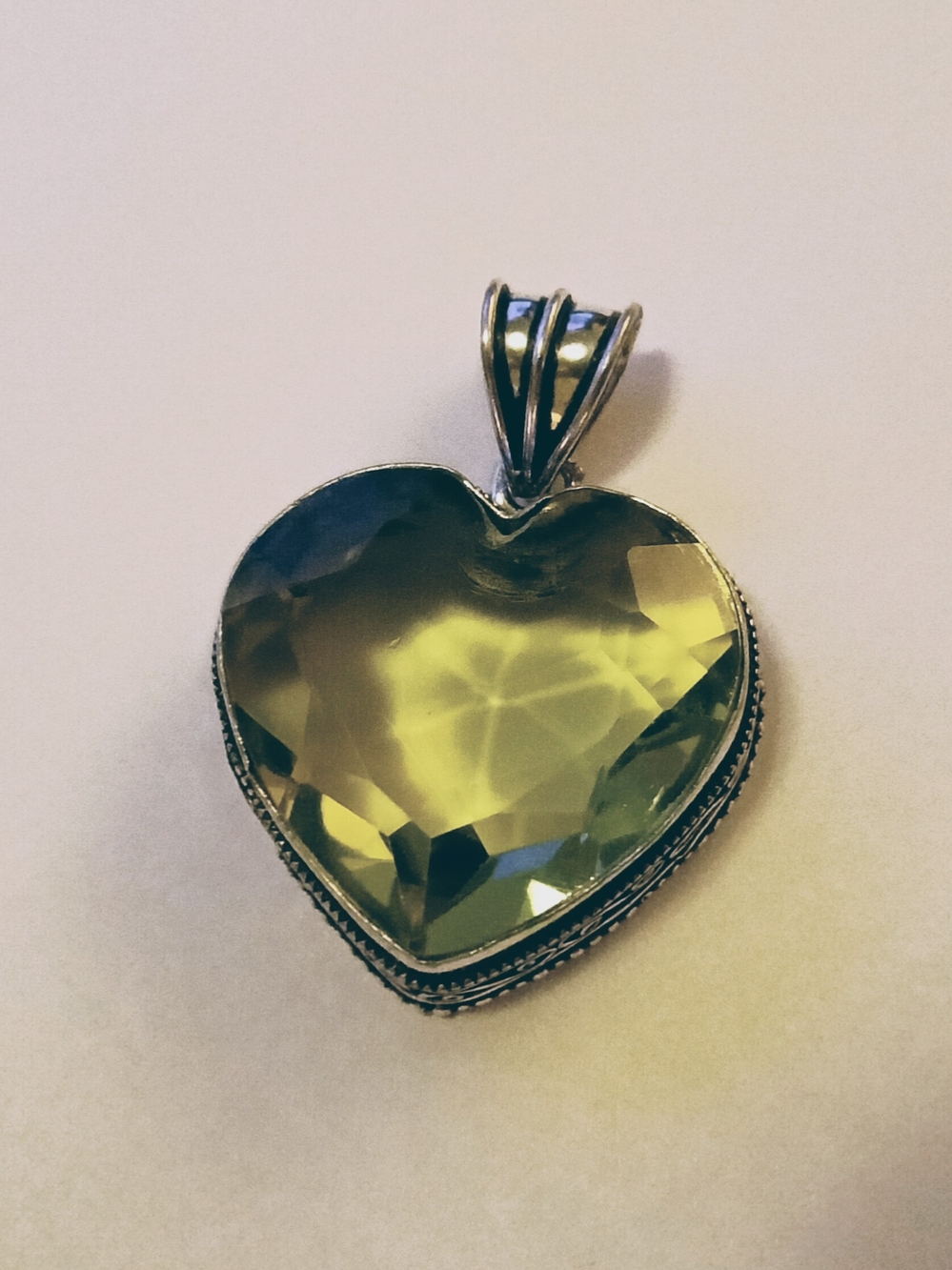 Silver Heart Pendant Necklace with Green Faceted Crystal